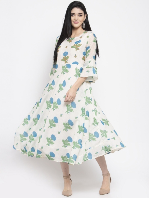 Clora Creation Women Cream-Coloured & Green Floral Printed Fit and Flare Dress