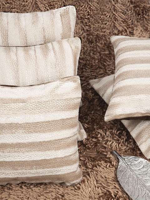HOUZZCODE Set of 5 Cream-Coloured & Brown Striped Square Cushion Covers