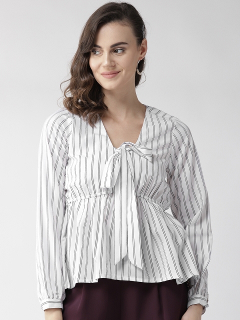 QUIERO Women White & Black Striped Cinched Waist Top
