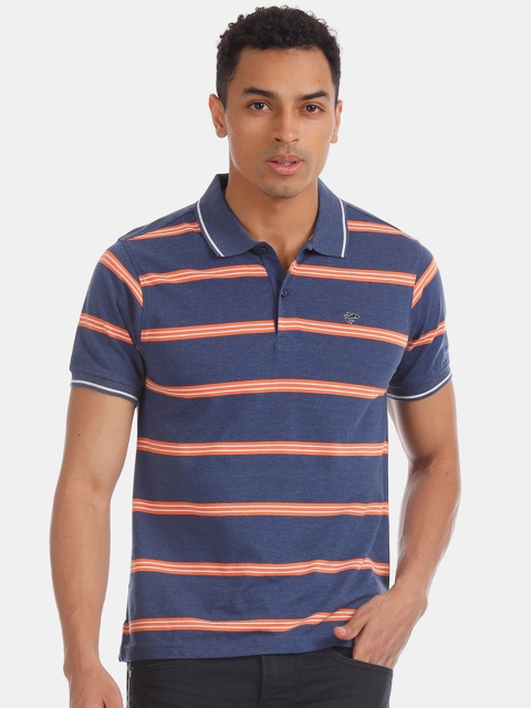 Ruggers Men Navy Blue & Orange Striped Polo Collar T-shirt
