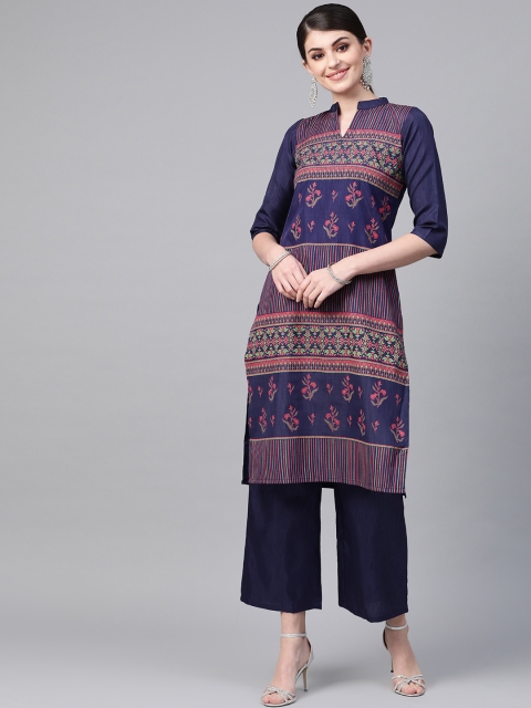 ZIYAA Women Navy Blue & Pink Printed Straight Kurta