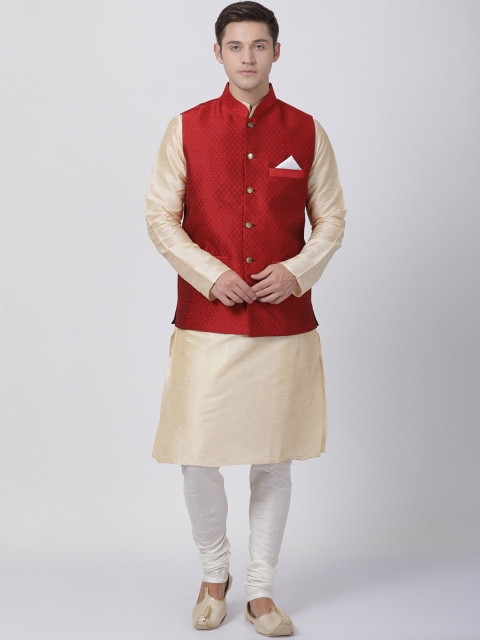 TABARD Men Cream-Coloured & White Solid Kurta with Churidar & Nehru jacket
