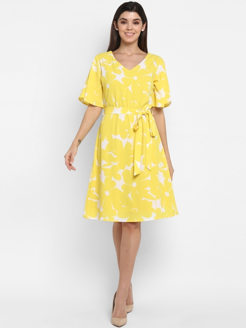 Color Cocktail Women Yellow & White Printed Fit and Flare Dress