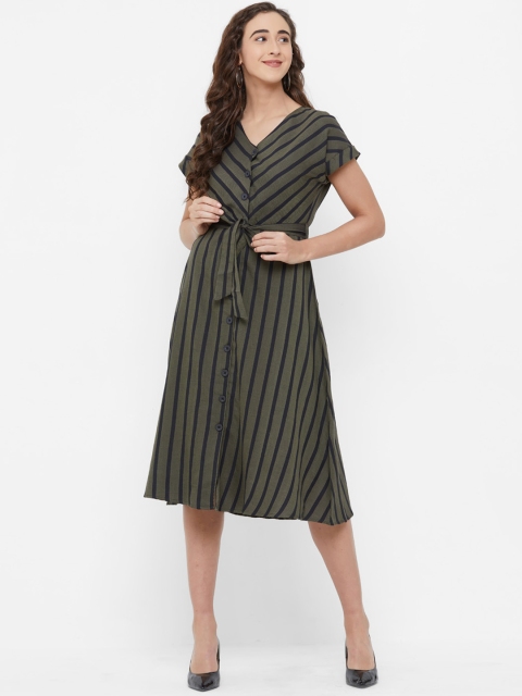 109F Women Olive Green & Black Striped Fit and Flare Dress