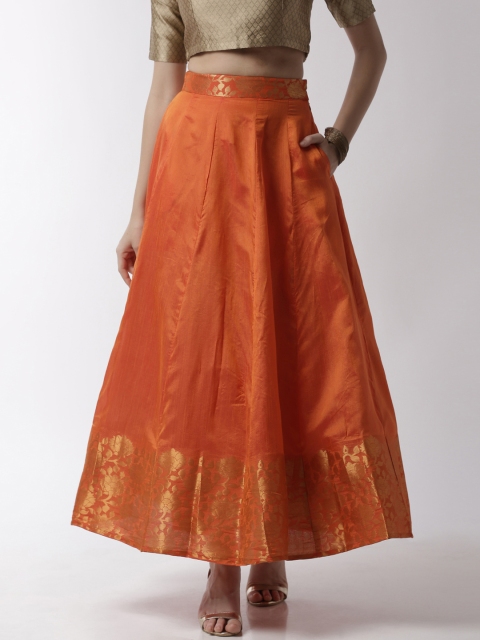 De Moza Women Orange & Gold-Coloured Woven Border Flared Maxi Jacquard Skirt