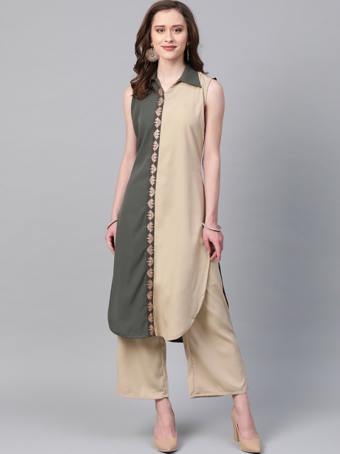 ZIYAA Women Grey & Beige Colourblocked Straight Kurta