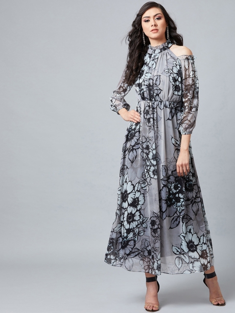 Athena Women Grey Printed Fit and Flare Dress