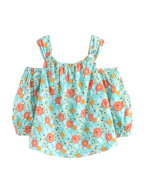 Hugsntugs Girls Turquoise Blue Printed A-Line Top