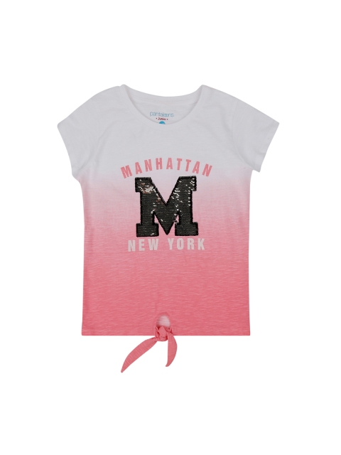 Pantaloons Junior Girls White & Pink Printed Round Neck T-shirt