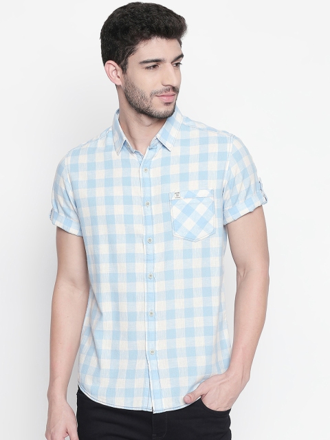Mufti Men Turquoise Blue & White Slim Fit Checked Casual Shirt