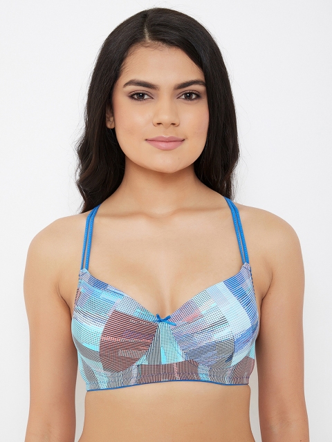 Clovia Blue & Green Printed Non-Wired Lightly Padded T-shirt Bra BR1390T08
