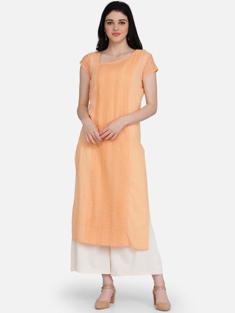 Ojjasvi Women Peach-Coloured Embroidered Straight Kurta