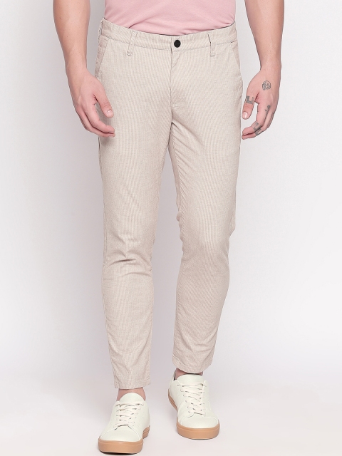Mufti Men Beige Slim Fit Striped Regular Trousers