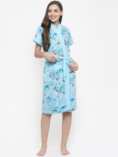 Secret Wish Women Blue Printed Bath Robe