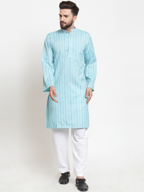 NEUDIS Men Sea Green & Blue Striped Handloom Straight Kurta