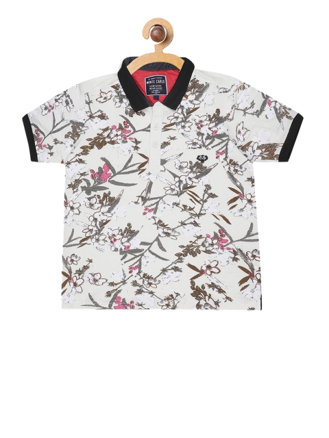 Monte Carlo Boys Off-White & Green Printed Polo Collar T-shirt
