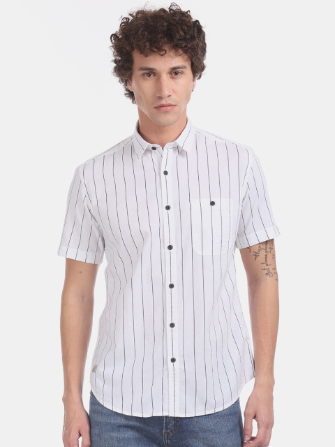 Ed Hardy Men White & Black Regular Fit Striped Casual Shirt