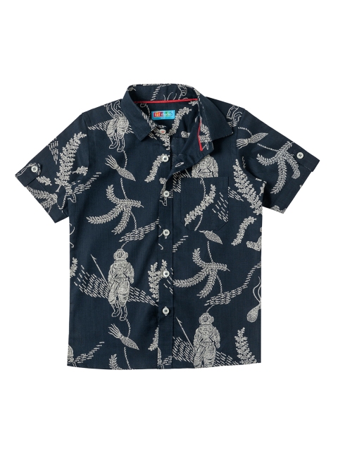 Kid Studio Boys Blue & White Regular Fit Printed Casual Shirt
