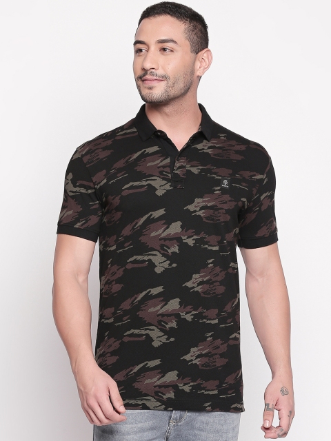 Mufti Men Black & Brown Printed Polo Collar Slim Fit T-shirt