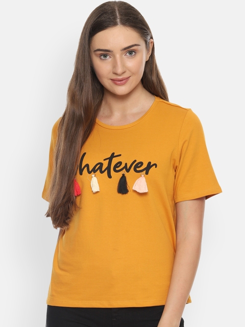 People Women Mustard Yellow Printed Round Neck Pure Cotton T-shirt