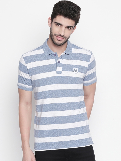 Mufti Men Blue & White Striped Slim Fit Polo Collar T-shirt