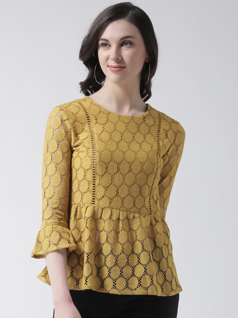 Aayna Women Mustard Self Design Peplum Pure Cotton Top