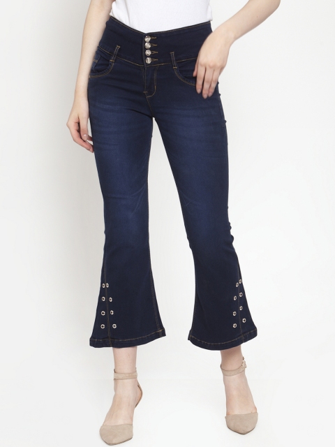 Purple Feather Women Navy Blue Bootcut High-Rise Clean Look Cropped Jeans