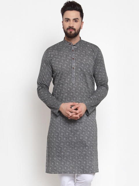 Jompers Men Grey Printed Straight Kurta