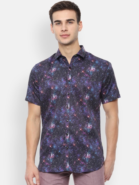 V Dot Men Navy Blue & Purple Slim Fit Printed Casual Shirt