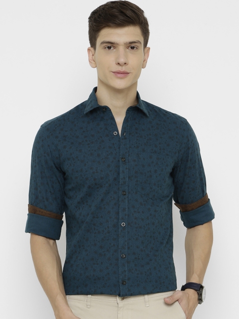 CAVALLO by Linen Club Men Cotton Linen Teal Blue Regular Fit Printed Casual Shirt