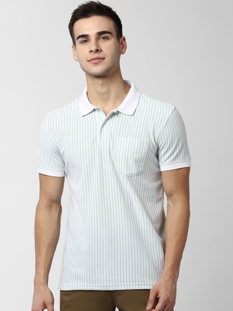 Peter England Casuals Men White & Sea Green Striped Polo Collar T-shirt