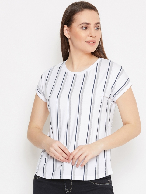 METTLE Women White & Black Striped Round Neck T-shirt