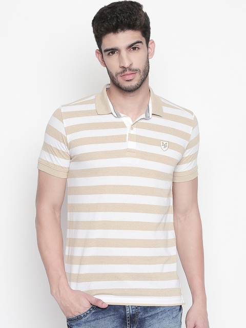 Mufti Men White & Khaki Striped Polo Collar T-shirt