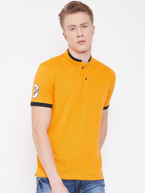 Octave Men Mustard Yellow Printed Mandarin Collar T-shirt