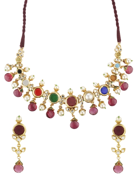 DUGRISTYLE Gold-Plated & Red Stone Studded Beaded Jewellery Set