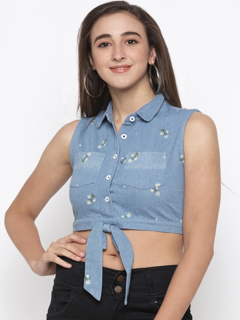 Globus Women Blue Embroidered Shirt Style Crop Pure Cotton Top
