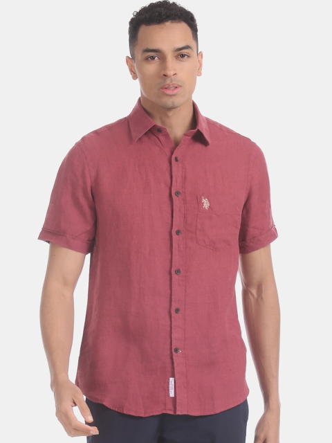 U.S. Polo Assn. Men Mauve Regular Fit Pure Linen Solid Casual Shirt