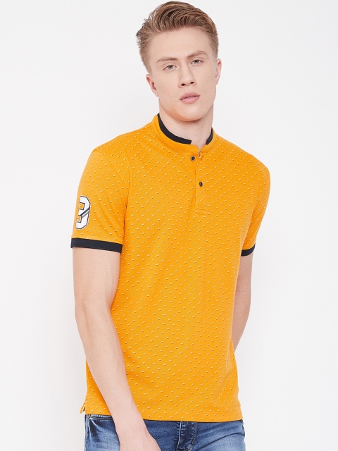 Octave Men Mustard Yellow & White Printed Mandarin Collar T-shirt