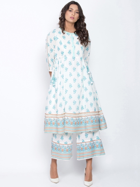 Be Indi Women White & Blue Printed A-Line Kurta