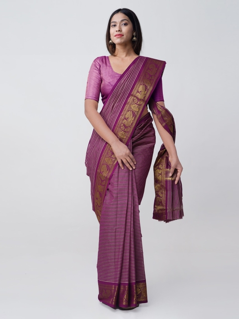 Unnati Silks Purple Pure Cotton Striped Handloom Chettinad Saree
