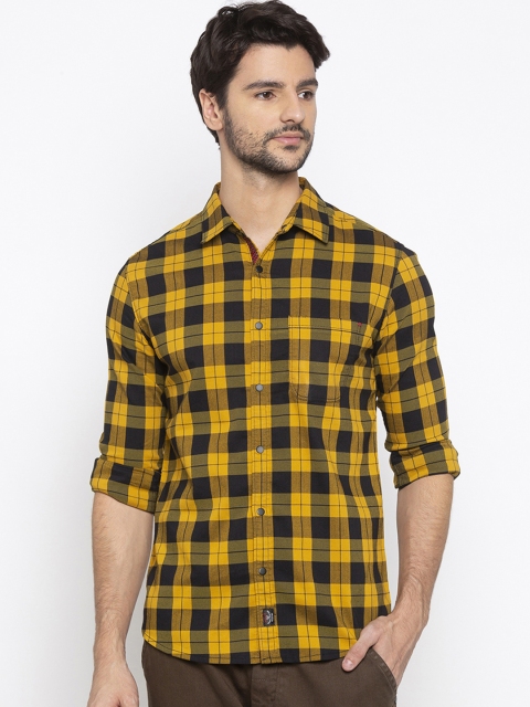 SPYKAR Men Yellow & Black Slim Fit Checked Casual Shirt