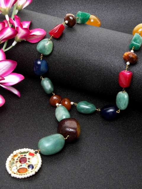 DUGRISTYLE Gold-Plated & Multicoloured Sabya Silver Necklace, Multi