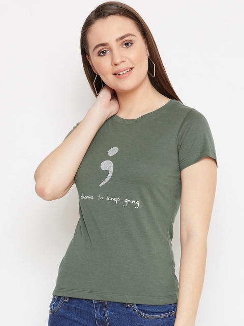 METTLE Women Olive Green Printed Round Neck T-shirt