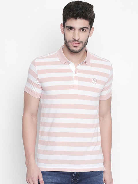 Mufti Men White & Pink Striped Polo Collar T-shirt