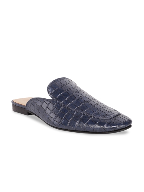 BERZERI Men Navy Blue Snake Skin Textuerd Leather Mules