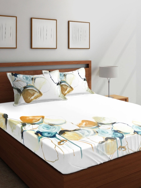Boutique Living India White & Mustard 144 TC Cotton 1 Queen Bedsheet with 2 Pillow Covers