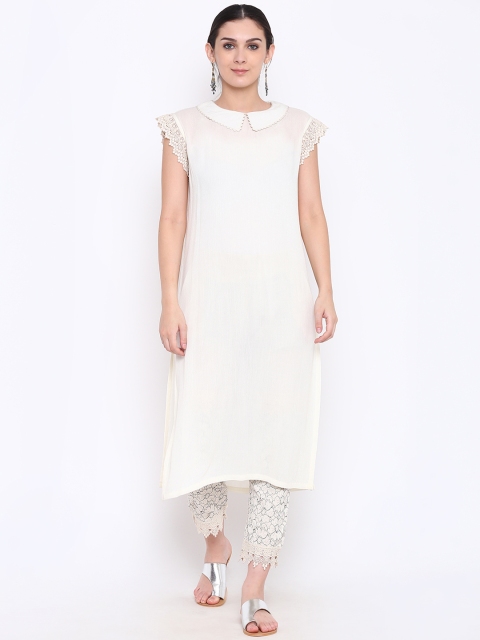 Shakumbhari Women White Solid Straight Kurta