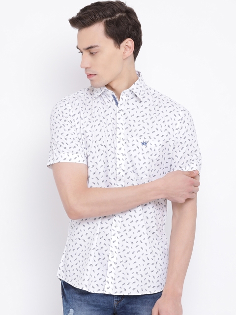 Crimsoune Club Men White & Blue Slim Fit Printed Casual Shirt