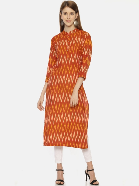 Resha Women Brown & Orange Printed Straight Kurta
