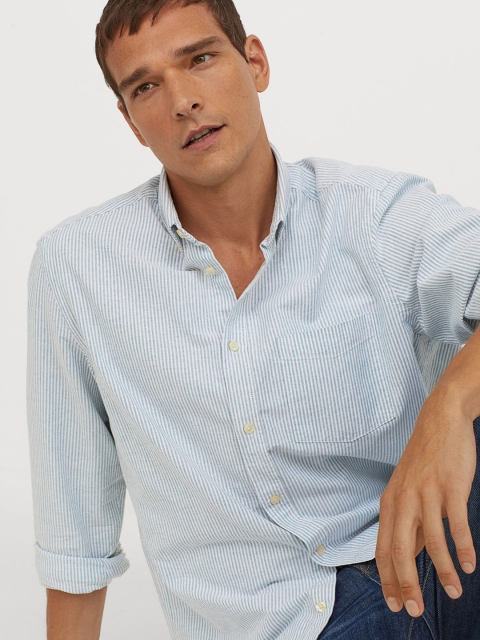 H&M Men Blue Striped Cotton Shirt Regular Fit